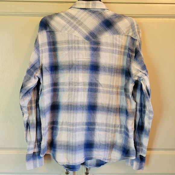 Lucky Brand Blue White Plaid Western Style Long Sleeve Pearl Snap Shirt - Picture 6 of 9